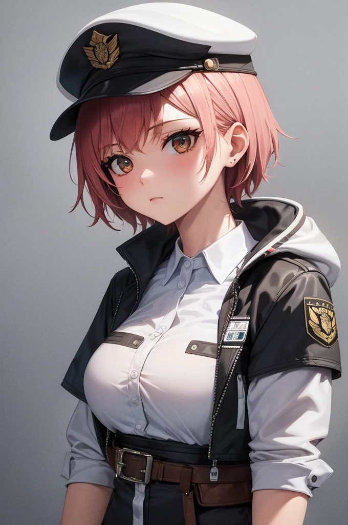 masterpiece, high_quality, 1girl, short_hair, pink_hair, hoodie, cap, black_shorts, medium_breast, mature_woman, simple_background