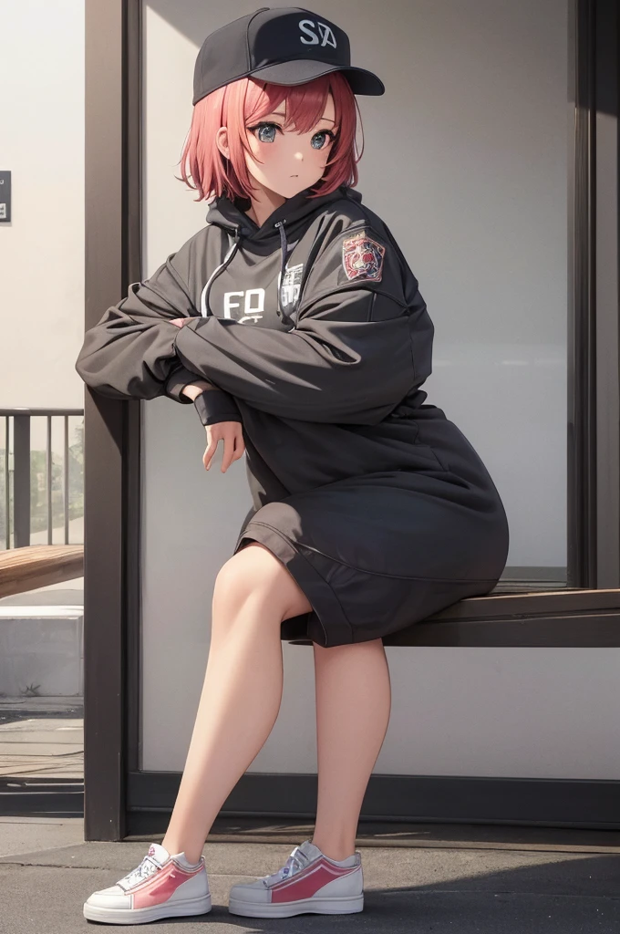 masterpiece, high_quality, 1girl, short_hair, pink_hair, hoodie, cap, black_shorts, medium_breast, mature_woman, simple_background