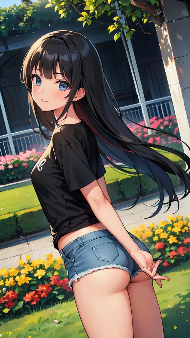 (8K, Live shooting, best quality, muste piece: 1.2), High-definition RAW color photo, Professional photography, cinematic light, ((1 girl)), focus on butt, (Low - Angle:1.2), super cute face, (black long hair), smile, Gorgeous body, glossy lips, slender body, big breasts, small butt, ((T-shirt, denim shorts, )), with your back turned:1.5, Are standing:1.2, Turn around pose, natural makeup, long eyelashes, shiny hair, asymmetrical bangs, tanned skin, pretty face, beautiful detailed eyes, beautiful body, beautiful chest, beautiful thighs, beautiful legs, (((clean fingers, 5 fingers on hand, five fingers))), (((flower garden, garden))), central image, high resolution, high detail, detailed hairstyle, detailed face, epic movie lighting, lively, hyper real, perfect limbs, perfect anatomy, anatomically correct,