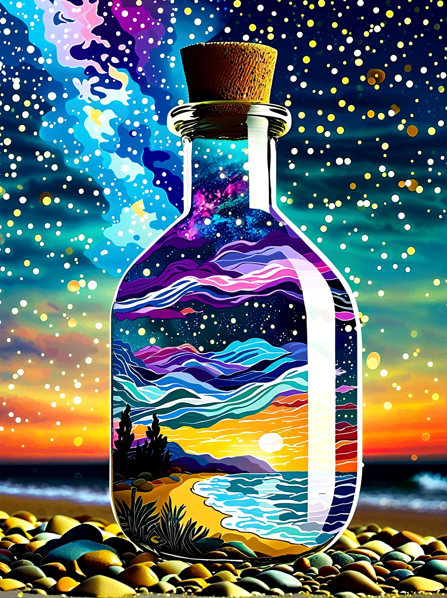 Starry sky Van Gogh painting trapped inside a hourglass bottle. Color and starry skies spilling out of the bottle and pooling on the ground.