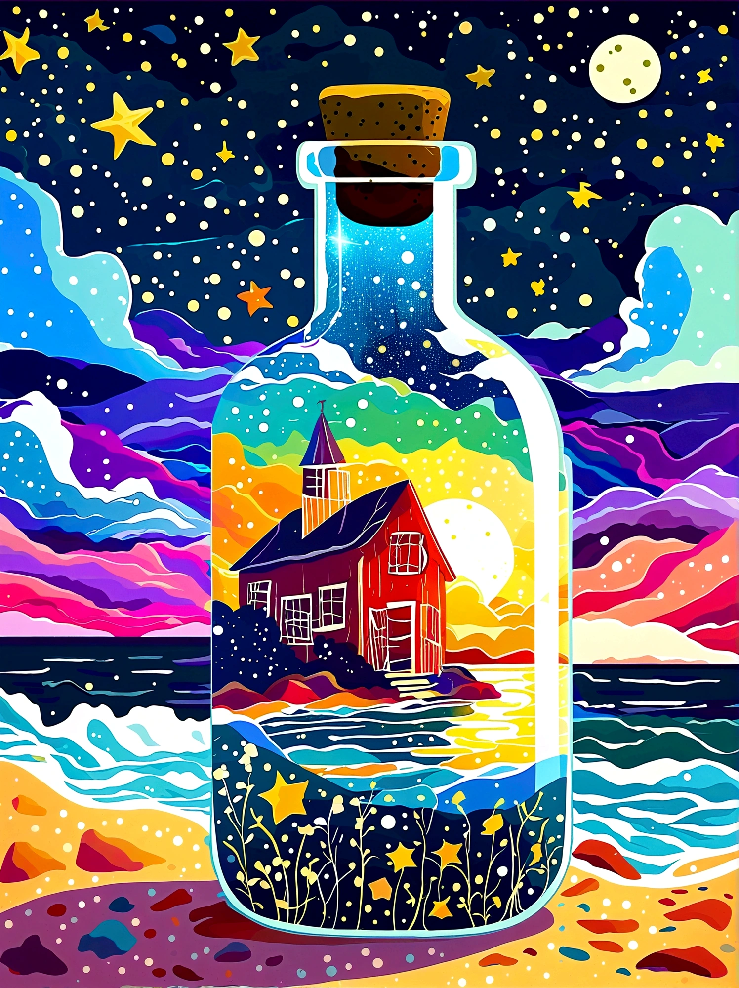 Starry sky Van Gogh painting trapped inside a hourglass bottle. Color and starry skies spilling out of the bottle and pooling on the ground.