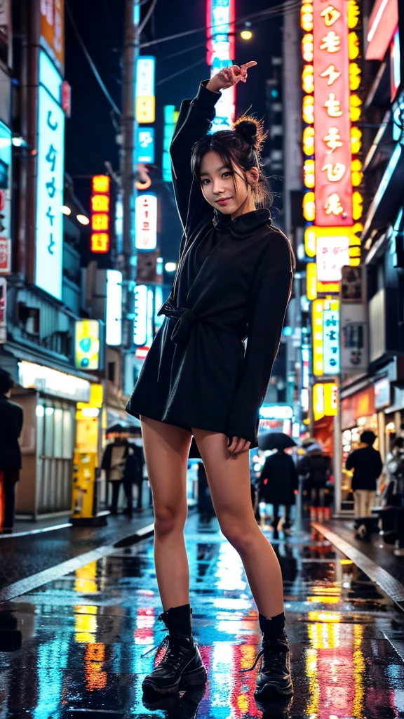 8k,super detailed, ,Korean descent, messy bun hair, tied clothes, long sleeves, Korean style hot pants, one leg raised, in Tokyo city at night on a rainy night, all his body was wet
