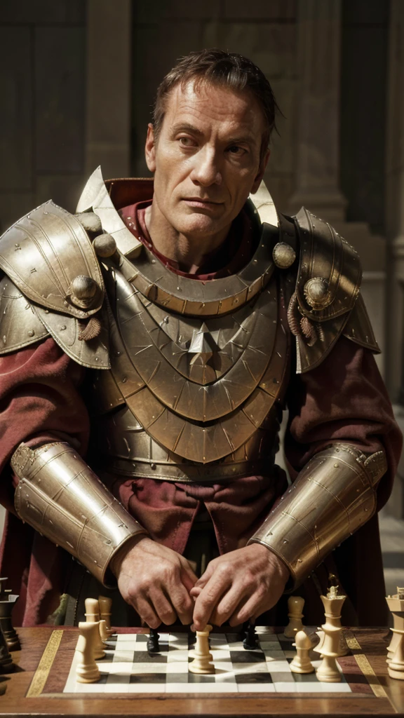 arafed man in armor playing a game of chess, julius caesar, wearing gilded red robes, roman emperor, magneto, inspired by Pogus Caesar, maximus jacobs, inspired by Caesar van Everdingen, portrait shot, caesar, high quality image, christopher lloyd as belial, bryan cranston as thor, arsen lupin as a paladin