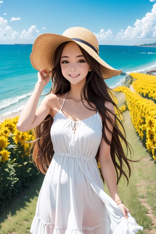 wind, wind lift, dress, upper body, embarrassed, medium breasts, long hair, sundress, white dress, feet out of frame, covering,