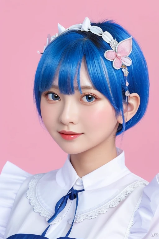 (masterpiece, top quality; 1.3), ultra-detailliert, look at the viewer, close up, Remu_Re_Staynight, blue hair, short hair, maid uniform, hair ornament, low cut, maid headdress, heart-shaped pupil ribbon, pink background,