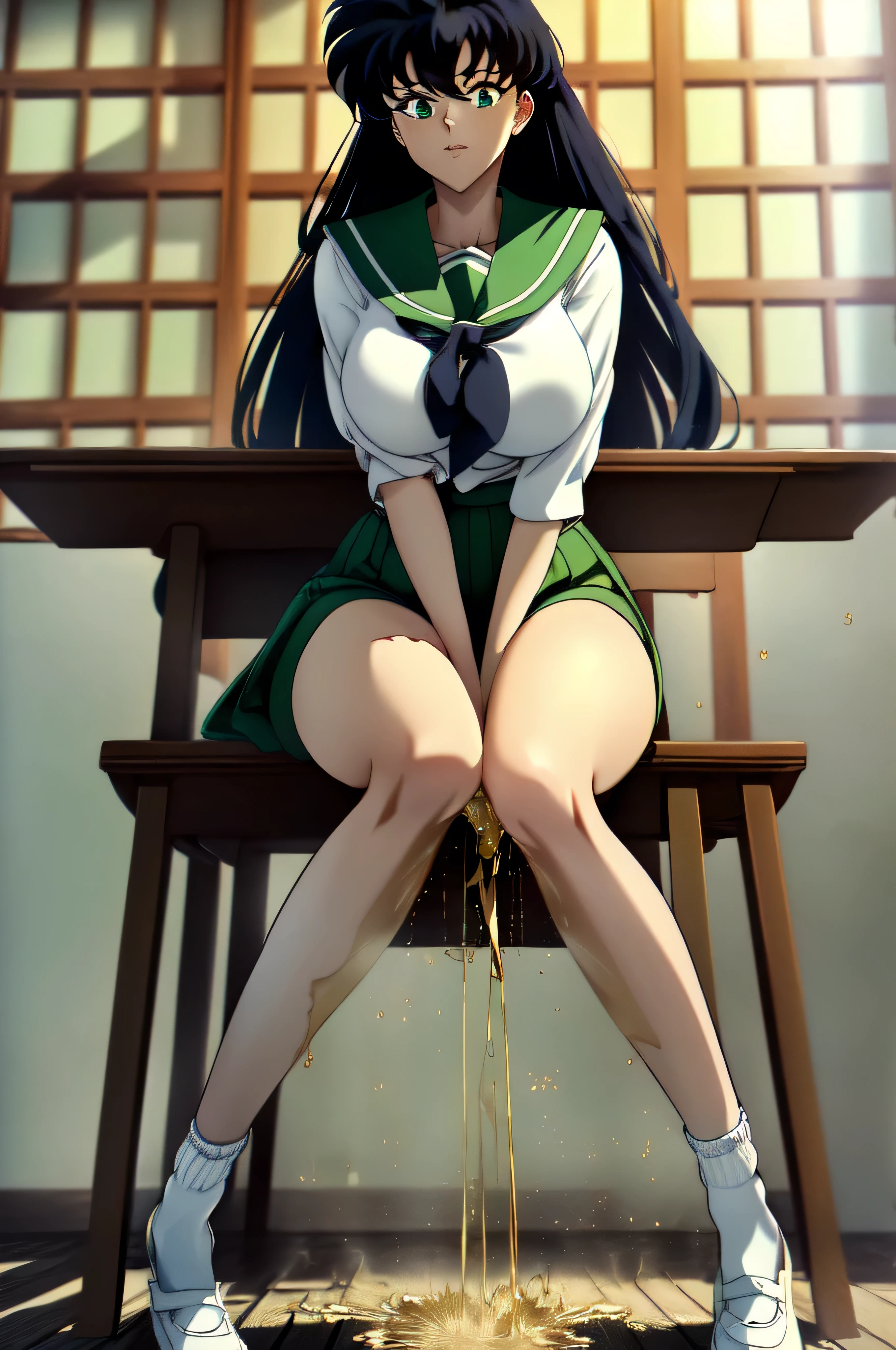 (masterpiece, best quality, ultra detailed, absurdres:1.5) , 1girl, (sexy, beautiful woman, perfect face, perfect eyes, perfect female body, huge breasts)1.5, ((kagomeiy, higurashi kagome, white sailor shirt, green sailor collar, red neckerchief, green pleated skirt, (white panties:1.2) , white socks, loafers, long hair, black hair, spiked hair, hair between eyes, wide bangs, )) , (sitting on a chair, (legs apart, showing panties:1.3) , (yellow stain on bottom of panties, pee puddle on chair Seat:0.8) , (golden liquid running down chair legs, golden liquid droplets failing from edge of the chair:1.0) . (peeing self :1.5 ), (inside a Japanese classroom), perfect lighting, smooth, hdr)