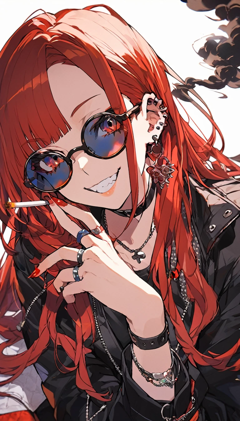 1girl, solo, long hair, looking at viewer, smile, bangs, shirt, red eyes, long sleeves, jewelry, sitting, jacket, upper body, red hair, earrings, glasses, teeth, grin, open jacket, black jacket, piercing, sunglasses, ring, ear piercing, smoke, cigarette, smoking, tinted eyewear, red theme,