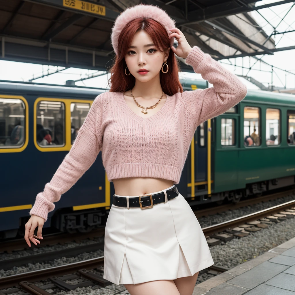 (Ultra-detailed eyes), (((textile shading))), (((Best Quality))), (((masterpiece))), (((Ultra realistic))), fat, sassy girl, street girl, messy hair, Emo Pin up Girl, pink fruity top, white fruity skirt, long leg warmers, y2k sparkle belt, faux fur hat, cute necklace, y2k edition earrings, black and pink outfit colors, Striking a pose, natural make up, skinny fat innocent, in a haunted rail station, heavenly, midshot, centered image, good girl, innocent girl, front look, red hair, red hair, red hair