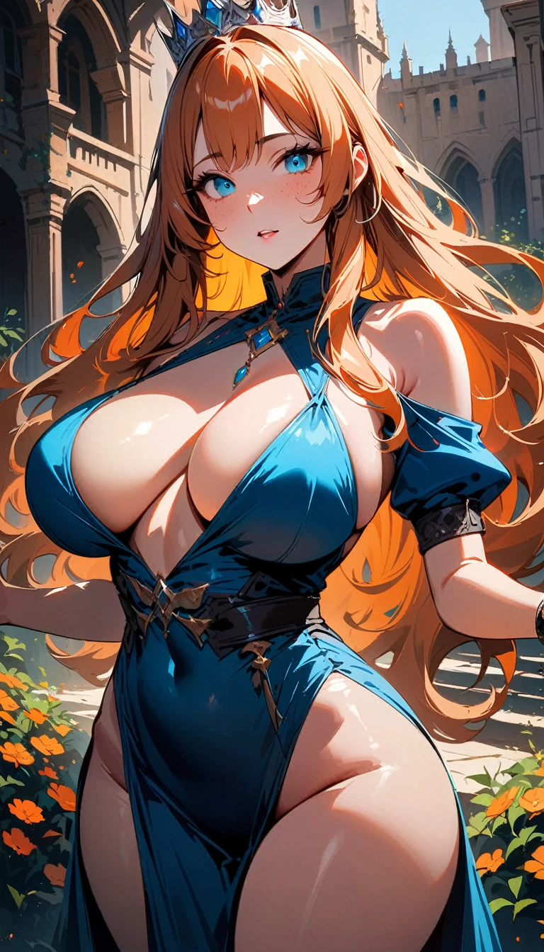 (high quality, 8k, 4K, high contrast, artwork:1.2, high quality, best aesthetics), (dynamic angle), ((1 woman)), erotic, sensual, mature body, super detailed, beautiful face detailed, beautiful eyes detailed, detailed beautiful mouth, sexy body, perfect breats, perfect wide thighs, orange hair, long orange hair, straight orange hair, blue eyes, long eyelashes, freckles on the cheeks, calm facial expression, long blue dress, princess crown, standing, erect posture, centered, looking at the viewer, flower garden courtyard, medieval castle in the background.