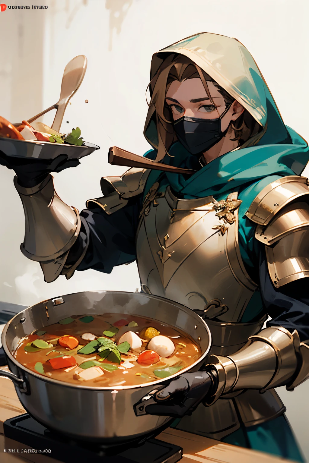 masterpiece, super high resolution, Male Bard with Green long hooded and metallic armor. light brown hair. Mask that covers only the mouth . Forearm-length gauntlets. cooking a stew ((detailed)).DND characters