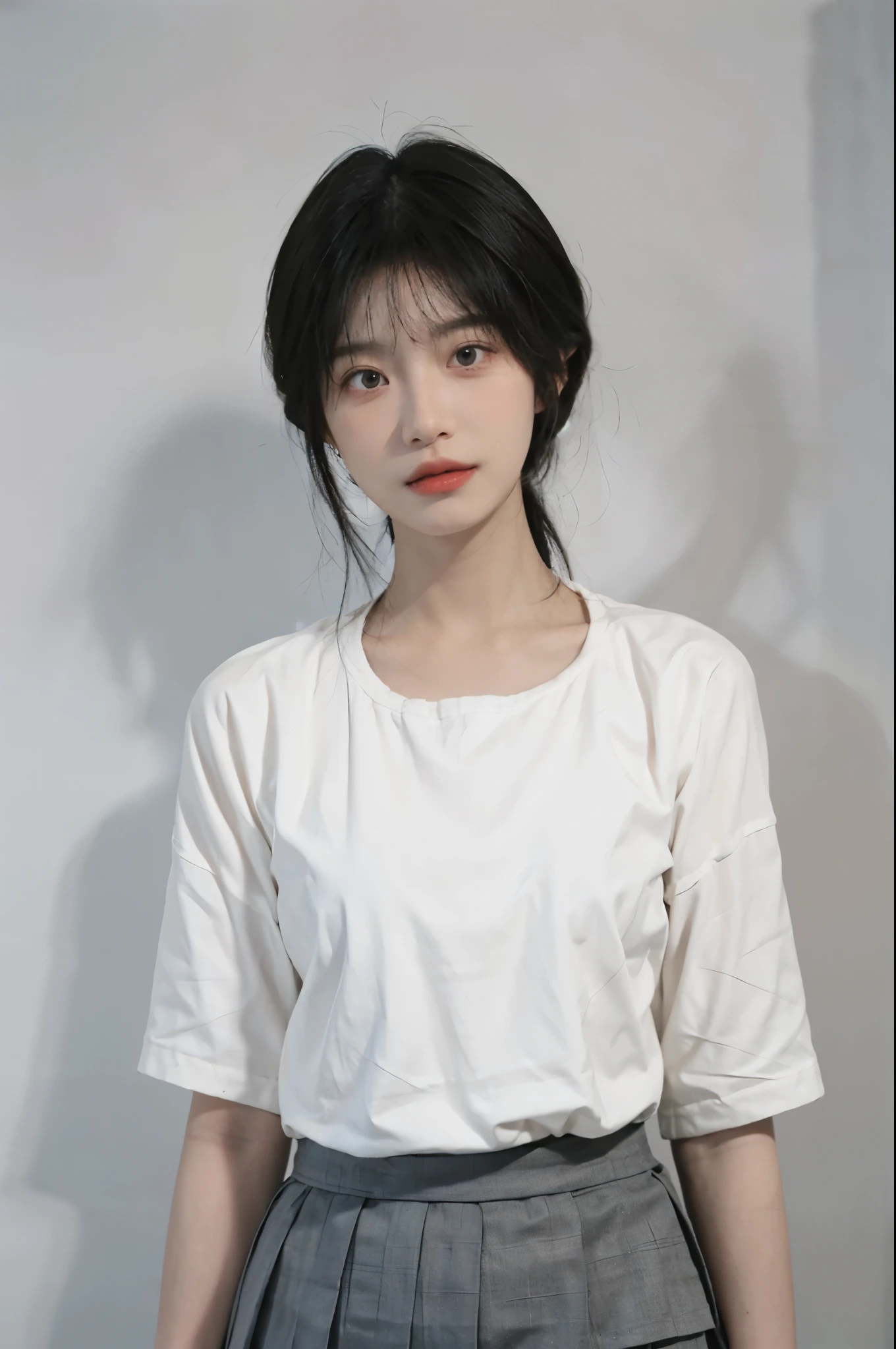 Beautiful woman with perfect figure:1.4，Ultra-high resolution，White background，（lifelike：1.4），Layered Hairstyle，White skin，Super short pleated skirt，whole body，Very delicate face and skin texture，Double eyelids，Skin Whitening，short hair，White hair