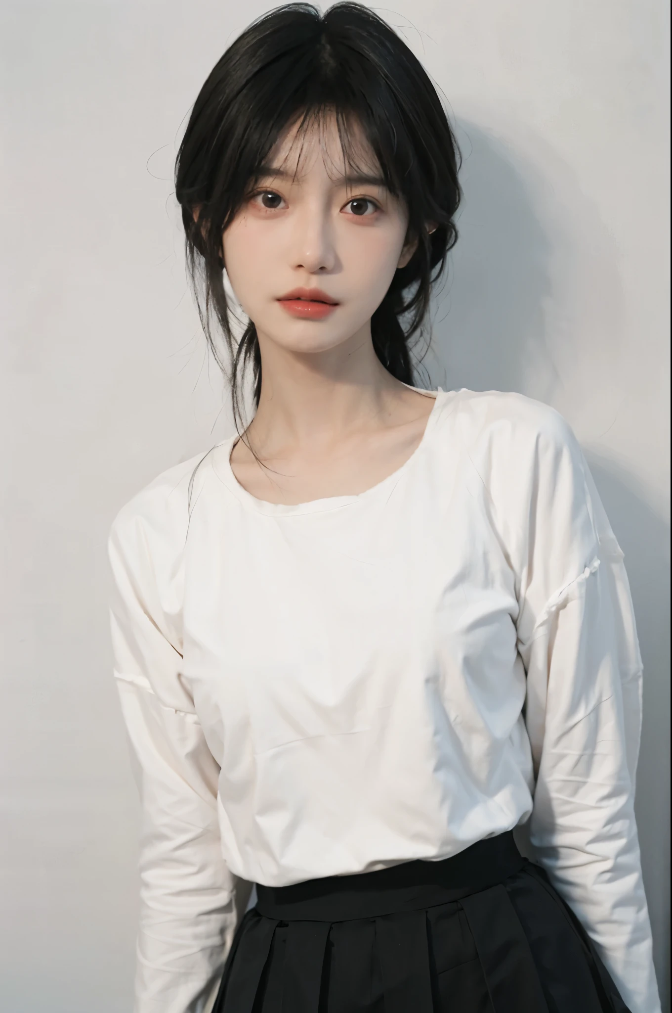 Beautiful woman with perfect figure:1.4，Ultra-high resolution，White background，（lifelike：1.4），Layered Hairstyle，White skin，Super short pleated skirt，whole body，Very delicate face and skin texture，Double eyelids，Skin Whitening，short hair，White hair
