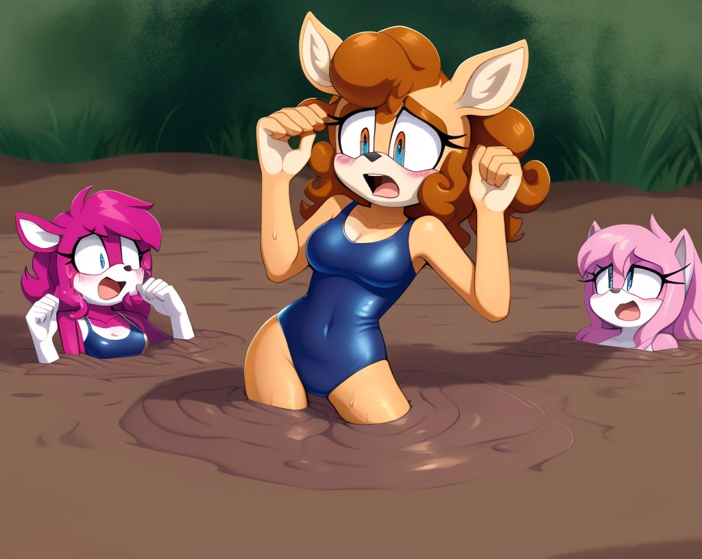 Mobian girls, best quality, HD, full body, sexy breasts, deer girl, elk girl, old school swimsuit, swimsuit, wet, blush, 9girls, 5girl, group peril, multiple girls, 5girls together, hair, 5girls upper body, 5girls in quicksand, hair, dripping, twintails, curly hair, hair, tightspace, group, multiple girls, open mouth, masterpiece, wamudraws, sad, one-piece swimsuit, quicksand, sinking, 5girls in quicksand, scream, hands up, gurgling, drowning, orgasm, challenge, lying, on back, group lying, group sinking