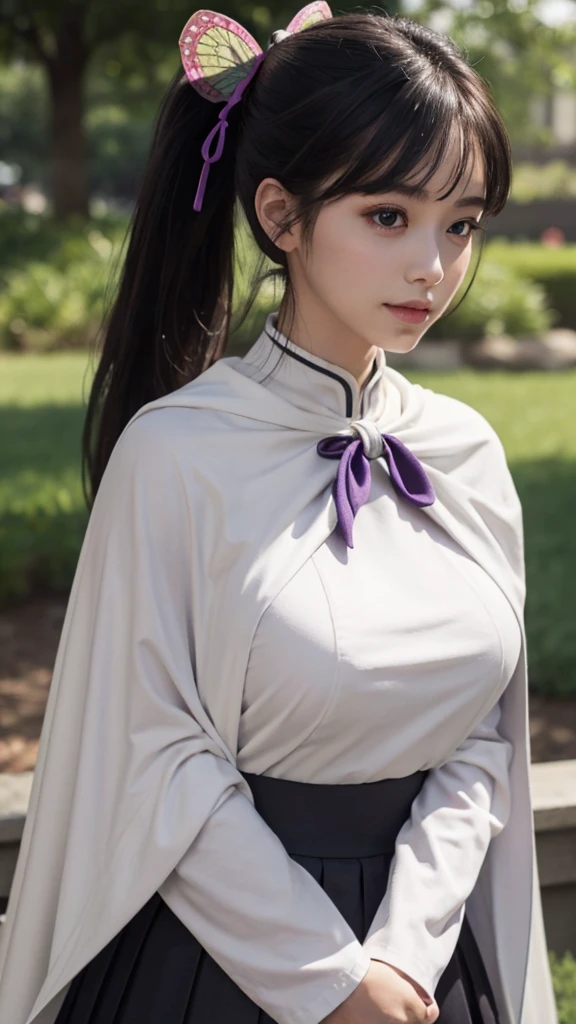 Top quality, 8k, 32k, Masterpiece, photorealistic, realistic, (photorealistic:1,4), solo, slight smile, dramatic lighting, professional makeup, breasts, (natural big breasts: 1.3), (seductive), beautiful white face shining, beautiful face, pink cheeks, beautiful lips, porcelain skin, detail intricate, super detailed, super high, highest detailed, high detailed, delicate, incredible detailed, fine detailed, cinematic lighting, top quality, smooth and beautiful, CG, unity, 8k wallpaper, Stunning, fine detail, unity CG wallpaper 8k ultra-detailed, large file size, ultra-detailed, high resolution, incredible detail, stunning detail, depth of field, kanaotsuyuri, kanao tsuyuri, black hair, butterfly, butterfly hair ornament, (purple eyes:1.1), side ponytail, ponytail, 
BREAK black skirt, cape, demon slayer uniform, long sleeves, pleated skirt, skirt, white cape,
BREAK looking at viewer, directly