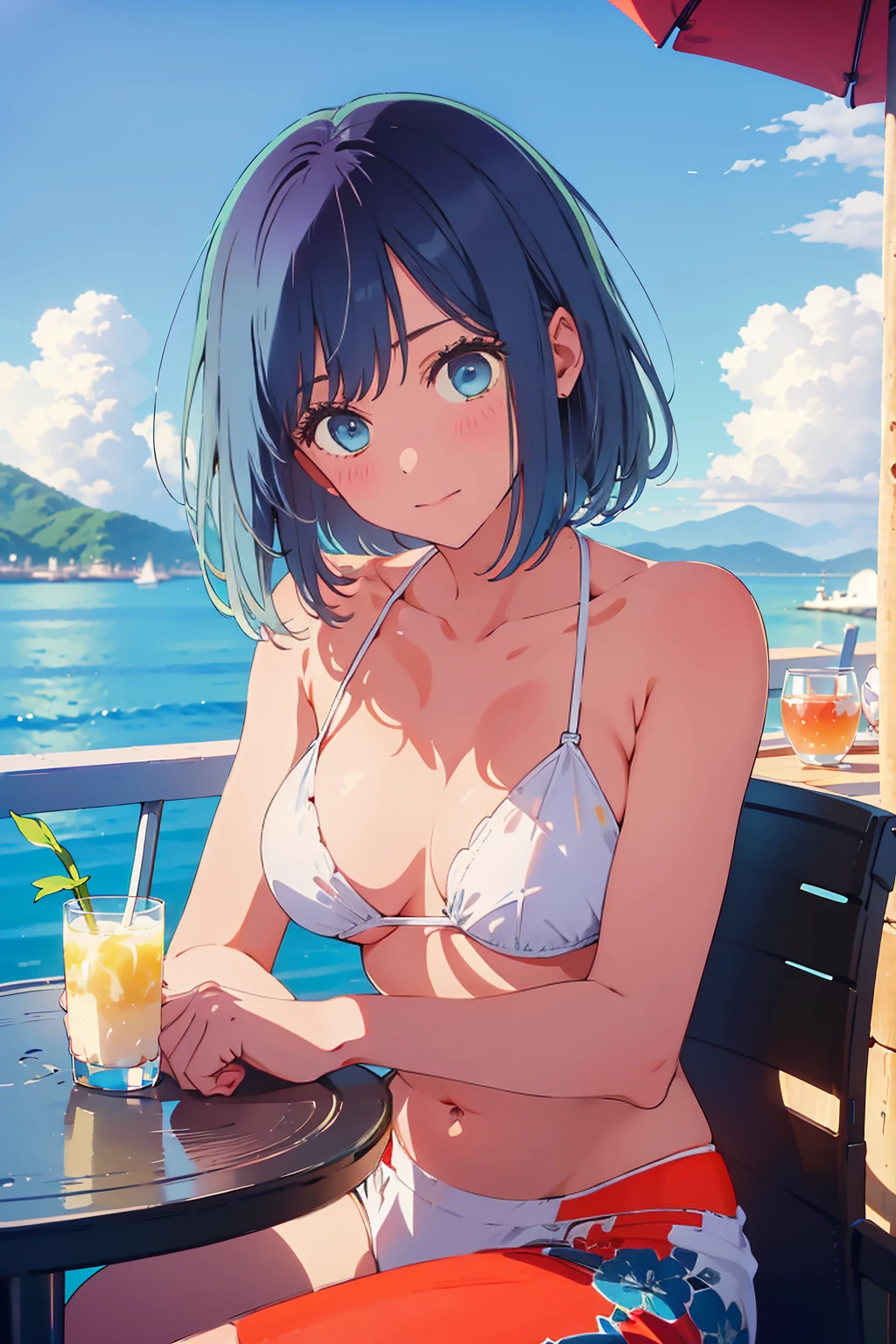 highest quality,8k,detailed,F cup bust、Big Breasts、Very cute face、Slim and beautiful arms、Slim body、Very white beautiful skin、((((1 person、looking at the camera、smile、Thin white bikini、smile、sit、In the background are the urban buildings of Tokyo、Outdoor café terrace、Drink juice、Cheek resting on hand、coastal、table))))、I can see the deep blue sky、She tilted her head slightly、The atmosphere is bright and lively、The woman is at the center of the image。