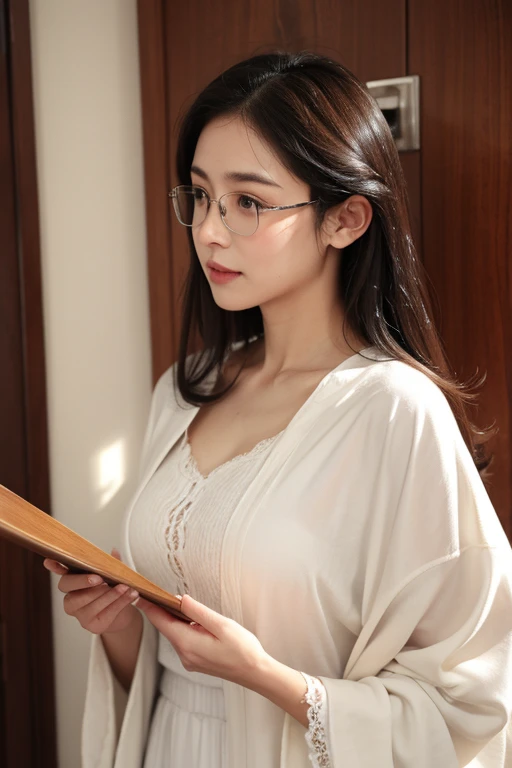 highest quality、masterpiece、High sensitivity、High resolution、Slim Body、Glasses、Disliked expression、A man from behind、Massage the breasts、Disheveled clothes、feel、Sensually