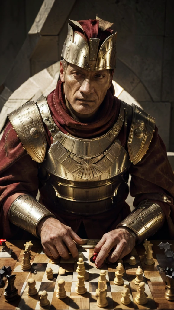 arafed man in armor playing a game of chess, julius caesar, wearing gilded red robes, roman emperor, magneto, inspired by Pogus Caesar, maximus jacobs, inspired by Caesar van Everdingen, portrait shot, caesar, high quality image, christopher lloyd as belial, bryan cranston as thor, arsen lupin as a paladin