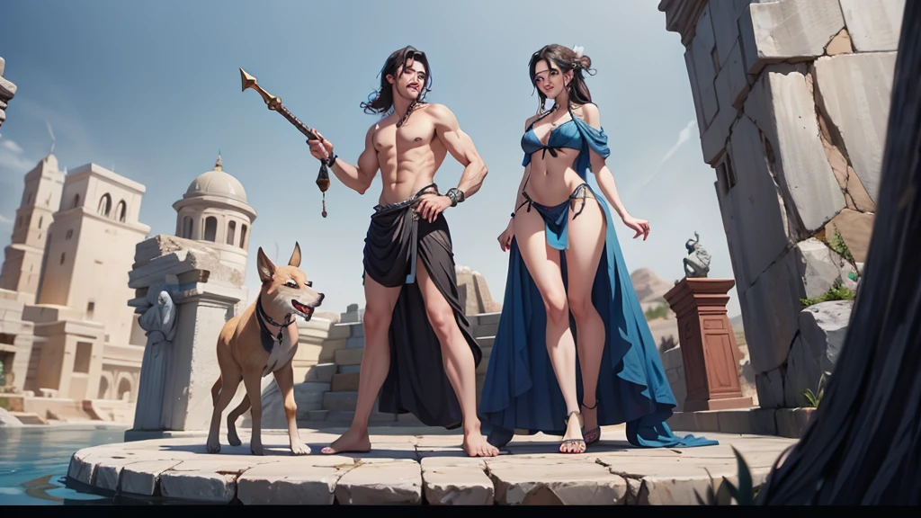 A statue of Poseidon in an ancient city in the desert laughing with people near the statue