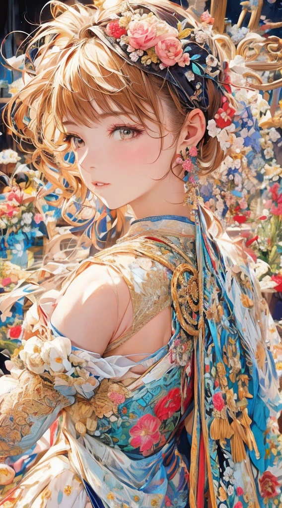 cute、Perfect Anatomy、Picturesque、sketch、texture、solo、Very detailed、(Fractal Art:1.1)、(Gentle colors:1.1)、(Floral:1.6)、Most detailed、(Zentangle:1.2)、(Dynamic pose)、(Abstract background:1.3)、(Glowing Skin)、(Many colors:0.8)、、(Earrings:1.4)、(feather:0.9)、Taisho romance,(masterpiece、highest quality、highest quality、Official Art、Beautiful and aesthetic:1.2)、