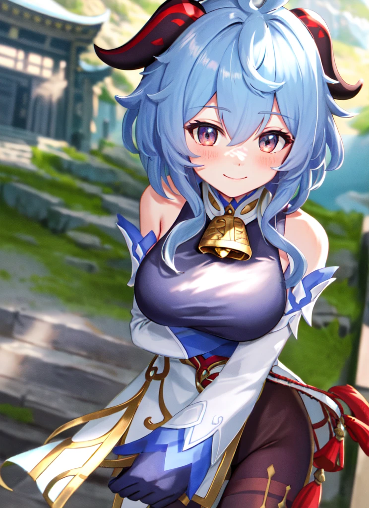ganyudef, upper body, smile, blush, outdoors, day, simple background, blue sky, short hair, sky, temple, looking at viewer, stairs, mountain, moody lighting,gigantic breast, gigantic ass, gigantic thighs