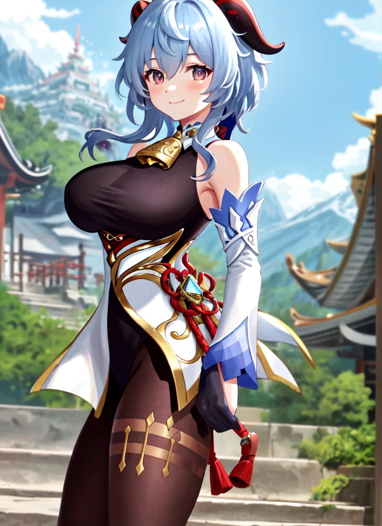 ganyudef, upper body, smile, blush, outdoors, day, simple background, blue sky, short hair, sky, temple, looking at viewer, stairs, mountain, moody lighting,gigantic breast, gigantic ass, gigantic thighs
