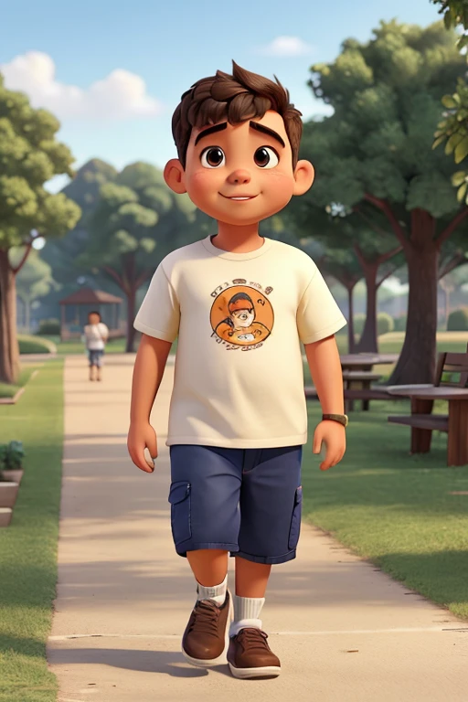Manuel is a hard-working boy, casual clothes, light skin, chubby t, happy, straight hair, walks through the park, front view, detailed face, full body,