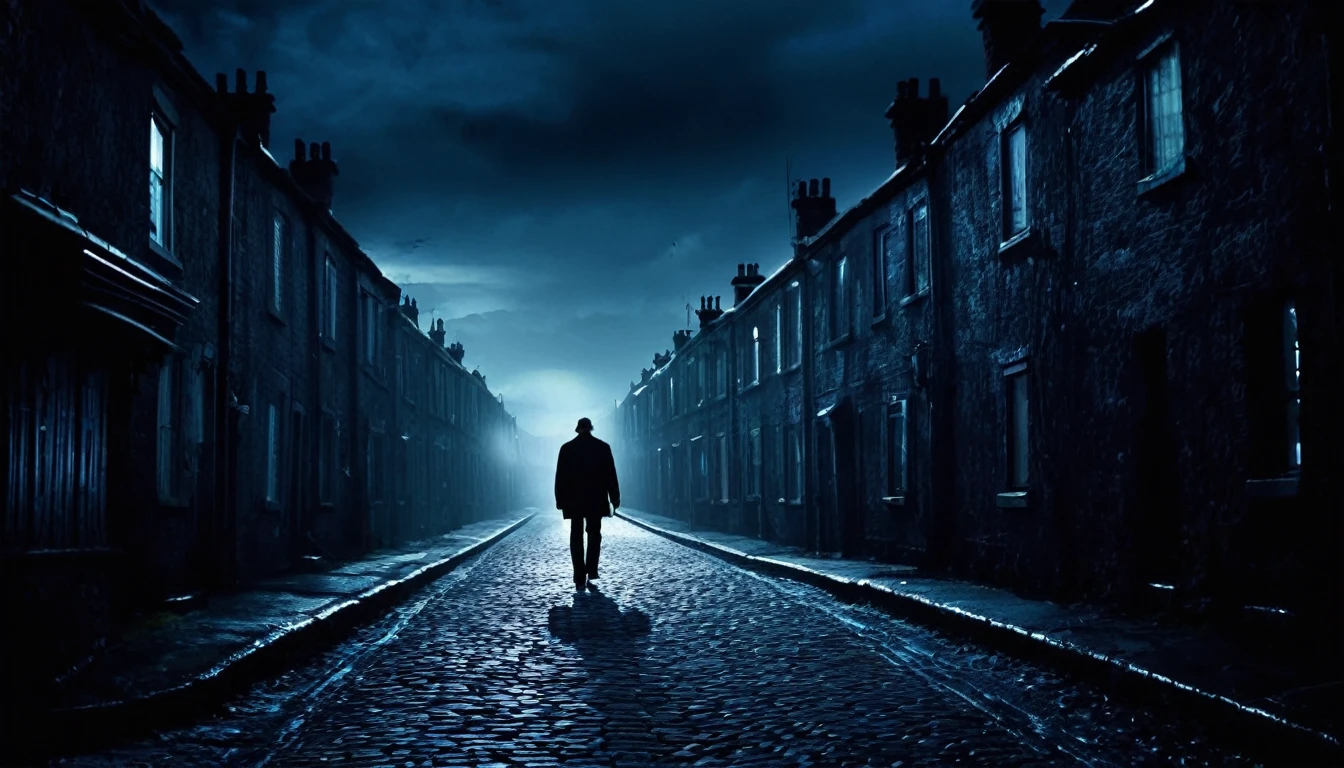 man walking, dark, sinister street, full of houses, macabre night