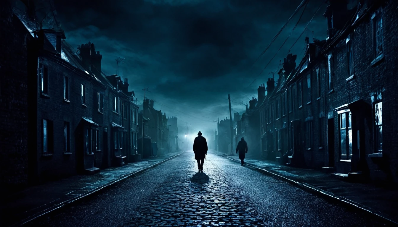 man walking, dark, sinister street, full of houses, macabre night