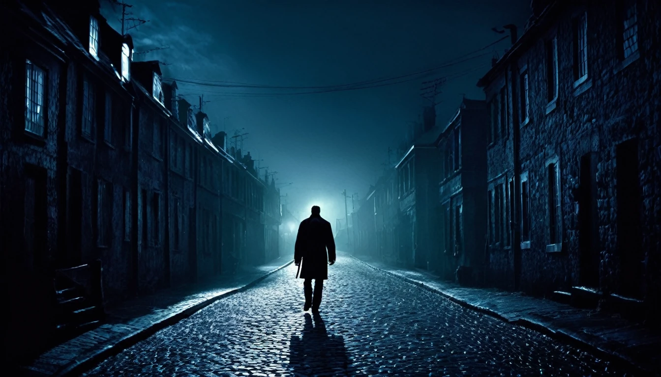 man walking, dark, sinister street, full of houses, macabre night
