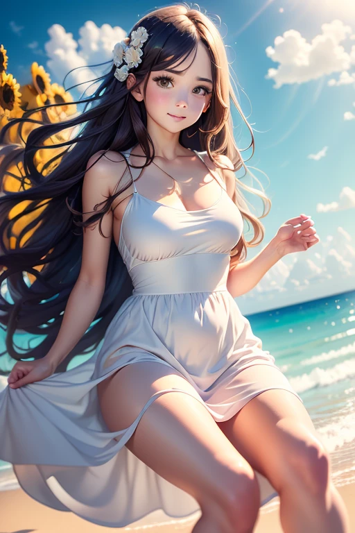 wind, wind lift, dress, upper body, embarrassed, medium breasts, long hair, sundress, white dress, feet out of frame, covering, 