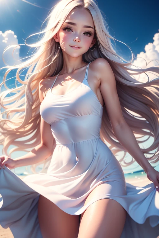 wind, wind lift, dress, upper body, embarrassed, medium breasts, long hair, sundress, white dress, feet out of frame, covering,