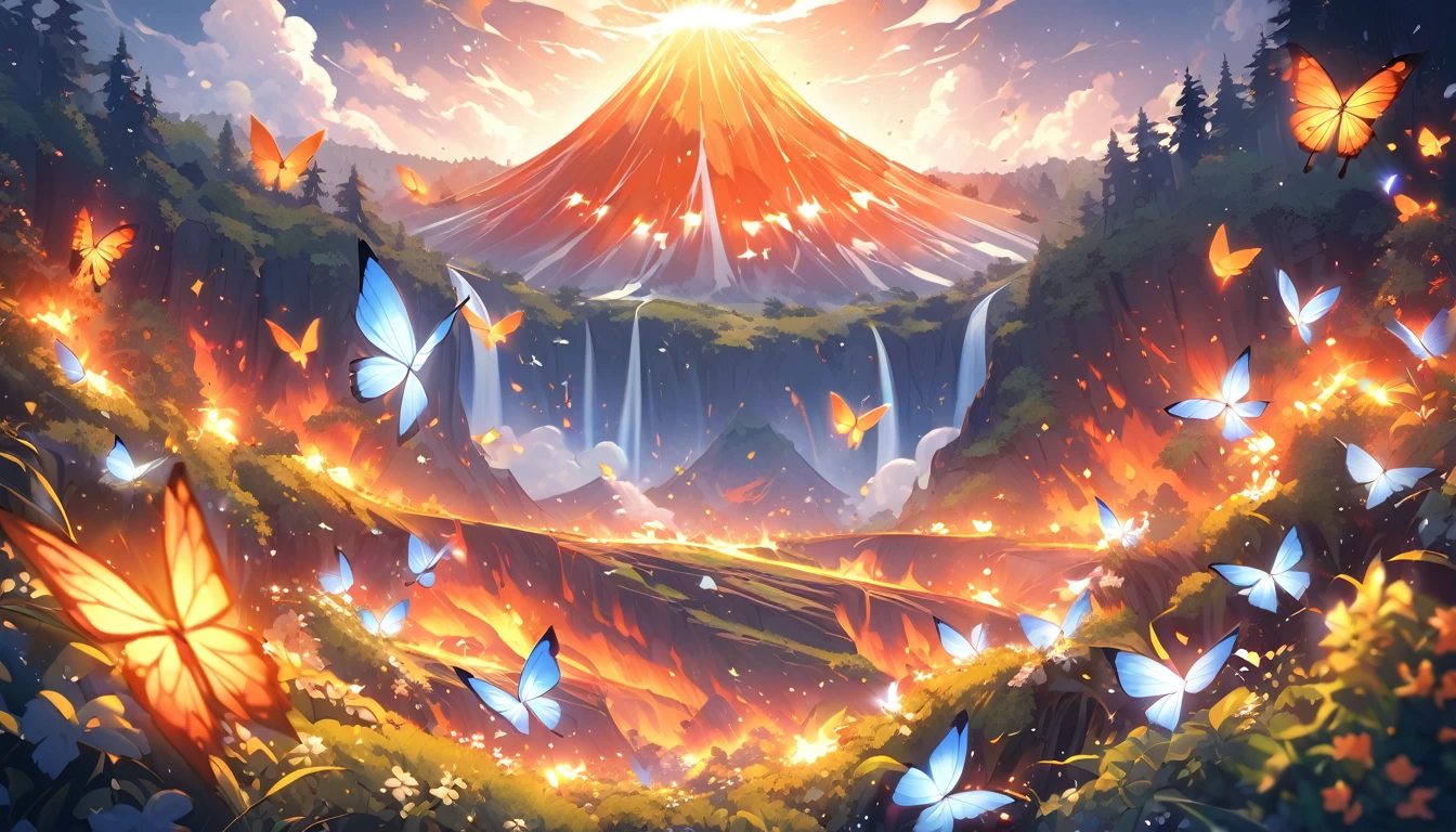 A magical scene bursting with life. Countless orange, black, and white monarch butterflies flutter through a sun-dappled forest. The air shimmers with movement and vibrant color. In the distance, a majestic volcano with lava rises from the mist, adding a touch of grandeur.