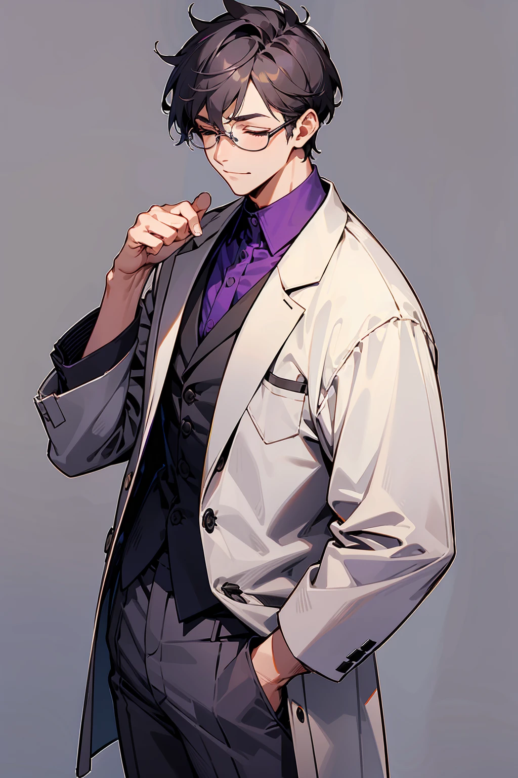 1male, Young Adult, Dark Purple, Eyes Closed, Short Hair, Grey Pants, Grey Lab Coat, Dojo Background, , Slight Smile, Glasses, Standing In City, Detailed background, Dojo Outfit