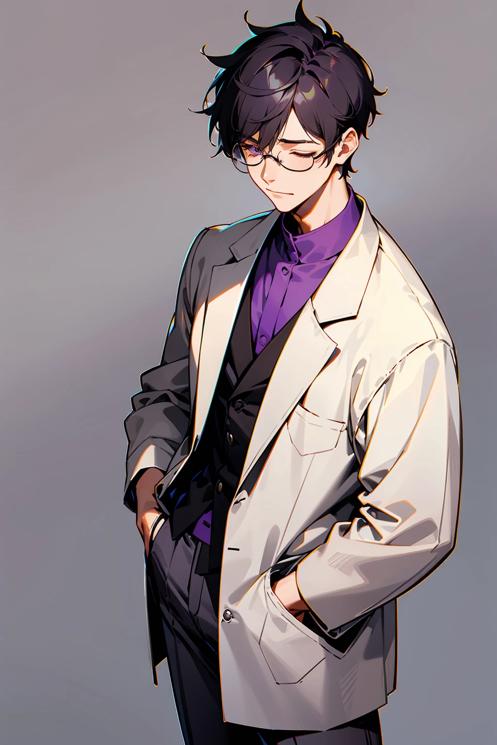 1male, Young Adult, Dark Purple, Eyes Closed, Short Hair, Grey Pants, Grey Lab Coat, Dojo Background, , Slight Smile, Glasses, Standing In City, Detailed background, Dojo Outfit