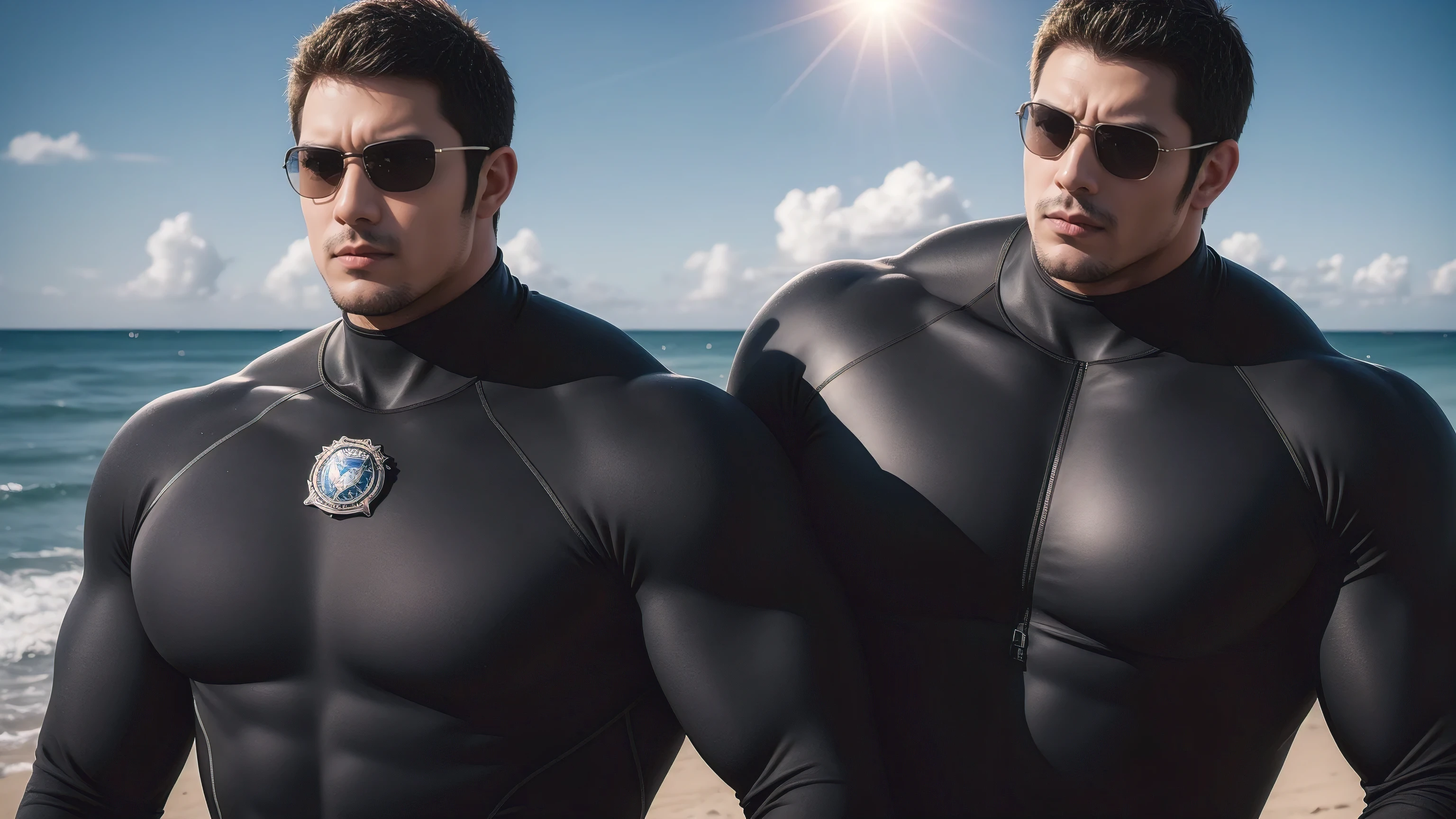 Super muscular man hugging,  They wear sunglasses，Deep gaze kiss，They embrace affectionately，short hair，Beach under the scorching sun, Wear a dark grey high collared long sleeve tight wetsuit, Shark skin texture，Beach by the sea，beautiful landscape，The expression is arrogant, Thick thighs, messy hair, Thick thighs, Wear a high-necked, long-sleeved wetsuit, very tight, Regular symmetrical pattern, Highlight muscles, Police uniform pants, character concept（Resident Evil - chris redfield, chris redfield）A proud expression, Deep and charming eyes, Valiant male pose, tall Burly, muscular！muscular thighs, Tough Guy, Perfect facial features, High, Burly, Heqiang, Super exquisite and cool, High Resolution Committee, Attractive, The sun is blazing, Dazzling