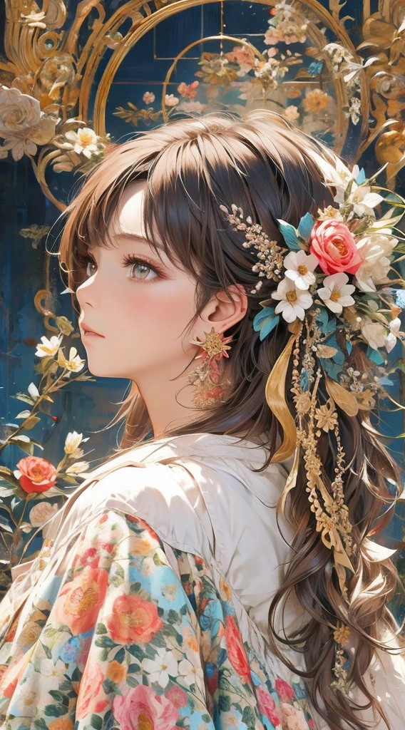 cute、Perfect Anatomy、Picturesque、sketch、texture、solo、Very detailed、(Fractal Art:1.1)、(Gentle colors:1.1)、(Floral:1.6)、Most detailed、(Zentangle:1.2)、(Dynamic pose)、(Abstract background:1.3)、(Glowing Skin)、(Many colors:0.8)、、(Earrings:1.4)、(feather:0.9)、Taisho romance,(masterpiece、highest quality、highest quality、Official Art、Beautiful and aesthetic:1.2)、