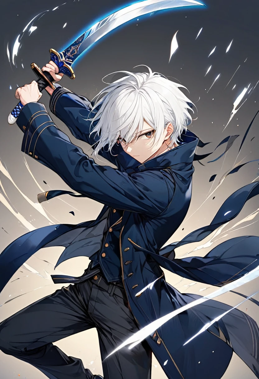 male, anime style, 2d, young, white hair, dark blue coat, dark grey pants, sword pose, high definition