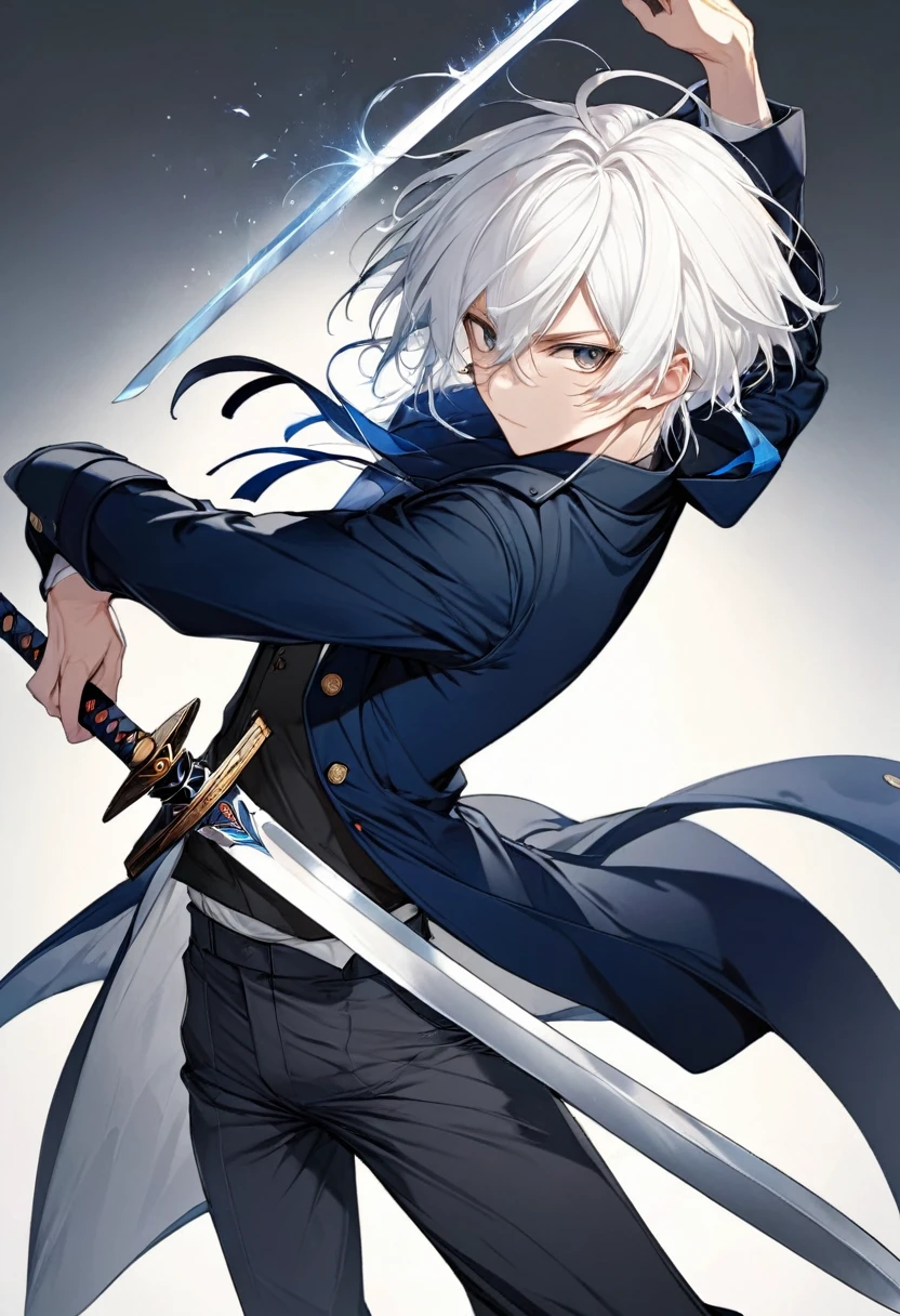 male, anime style, 2d, young, white hair, dark blue coat, dark grey pants, sword pose, high definition