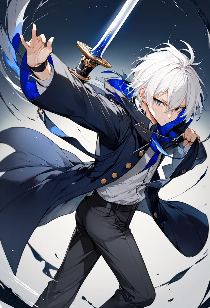 male, anime style, 2d, young, white hair, dark blue coat, dark grey pants, sword pose, high definition