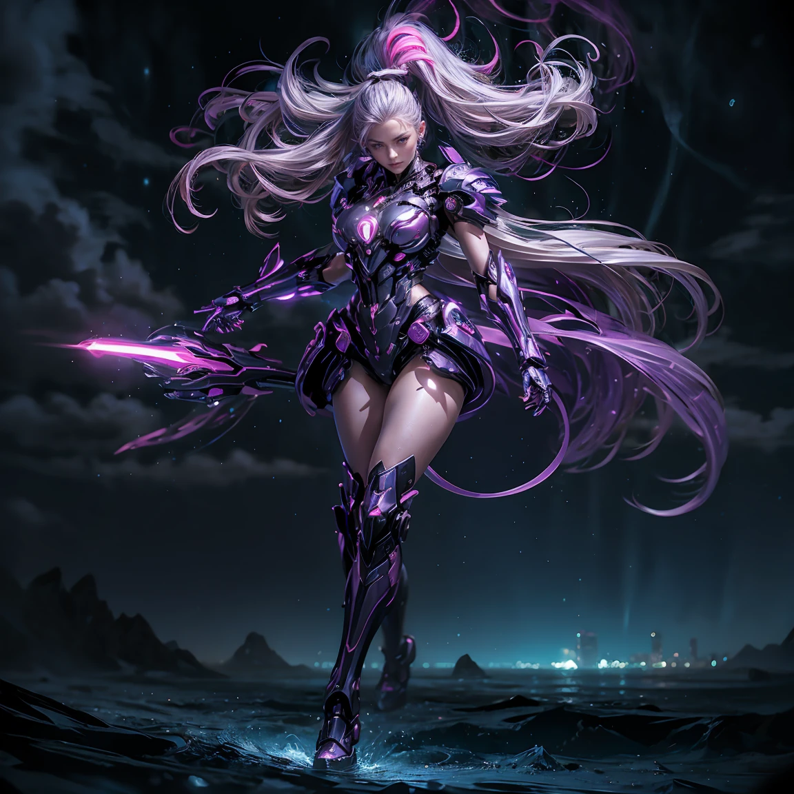 masterpiece, best quality, 1girl, ives, Mecha, beautiful lighting, (neon light: 1.2), (night: 1.5), "masterpiece, best quality, 1girl, full body portrait, sensual pose , dynamic movement, purple eyes, multicolored + silver hair: 1.3+red:1.2+purple+yellow:1.3+green:1.3, sculpted legs and tempting curves, full breasts, pretty face, lots of drops water, cloud, Twilight, open photo, Watercolor, Neon light: 1.2, night: 1.5, Mecha, beautiful lighting, bright neon light: 1.2, unforgettable mysterious night: 1.5"