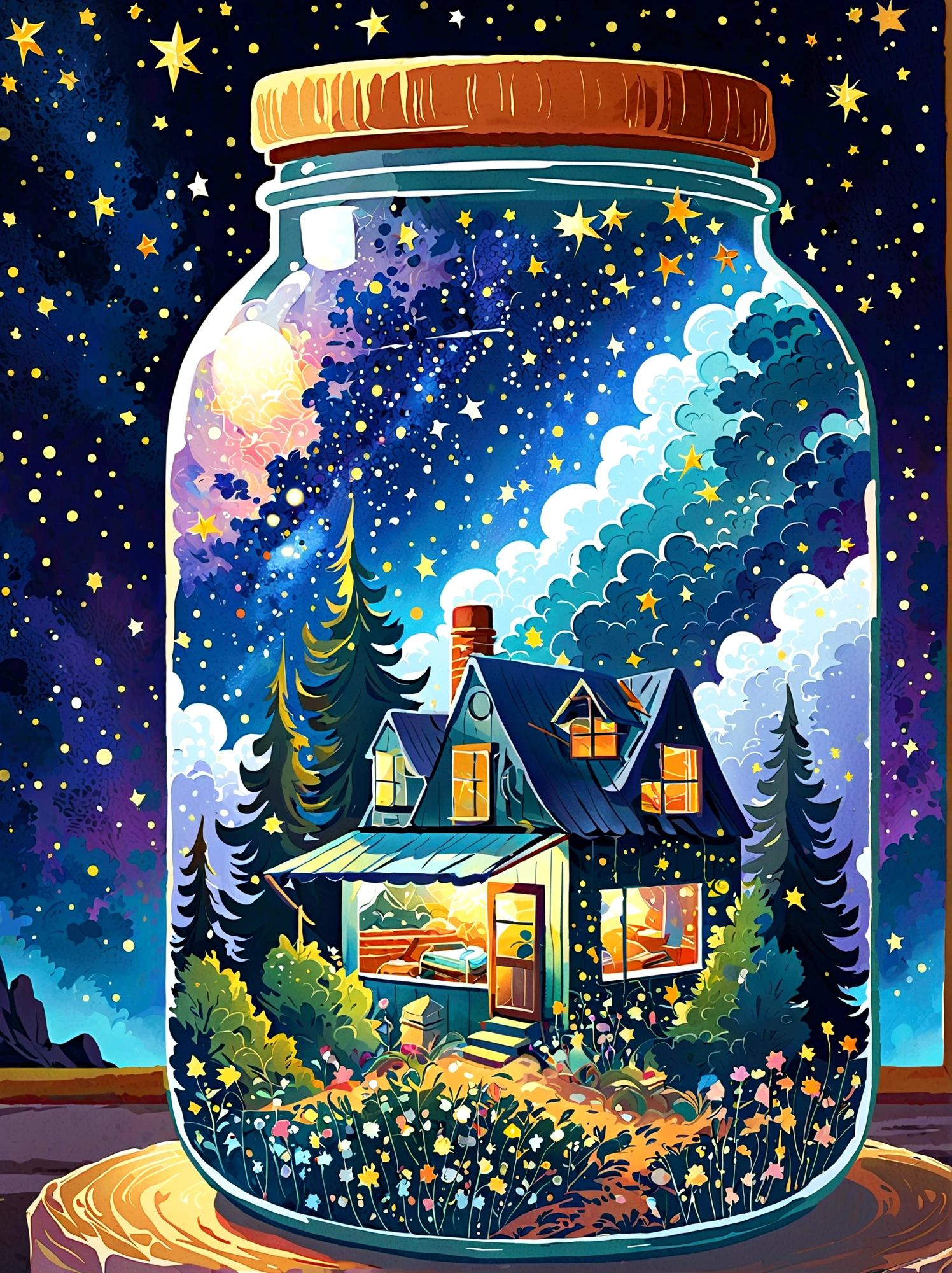 1pzsj1, Masterpiece，Top quality，(Very delicate and beautiful starry sky scenery trapped in a jar), world masterpiece theater, High resolution isometric, Top quality, illustration, Thick coating, canvas, painting, realism, Realism