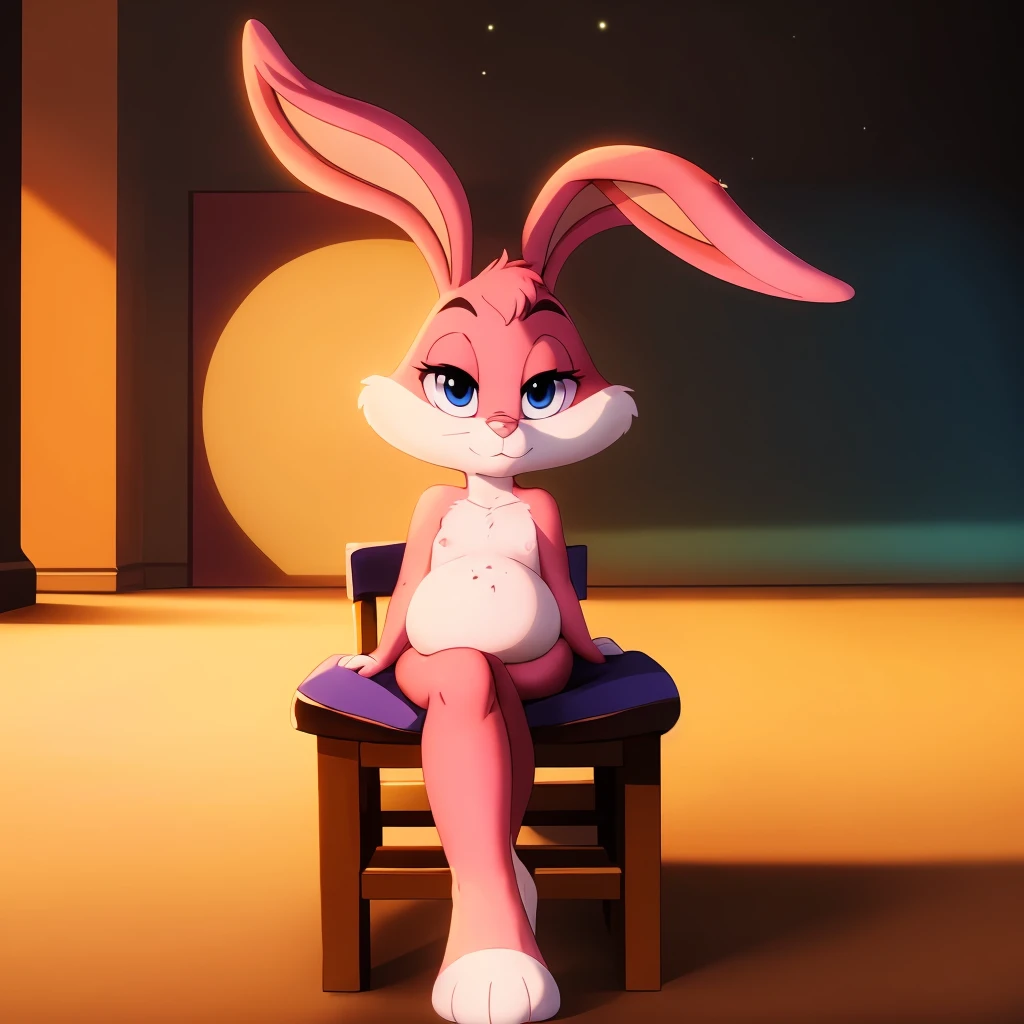 concept art solo, cute, cub, Babs, bunny, girl, sly expression, Pink eyelids, rabbit teeth, pink nose, pink body, pink head, pink ears, pink legs, white cheeks, white feet, white tail, ears drooping, lop-eared, naked, purple bows on the ears, standing, modest, thoughtful, naive, (((sitting on chair))), (((focus on feet))) erotic pose,Perspective)),(Full-Length Shot:1.3),(Cinematic:1.3), (AS-YoungV2:1.3),
masterpiece, high quality, best quality, manga style, anime style, 8k, 4k, texture, intricate, detailed background, 3d fluffy, long fuzzy fur, glow effect, particle effects, light particles, dramatic, hot body, body blush,
solo, solo focus, pov, looking at viewer, hyper-pregnant, small breasts