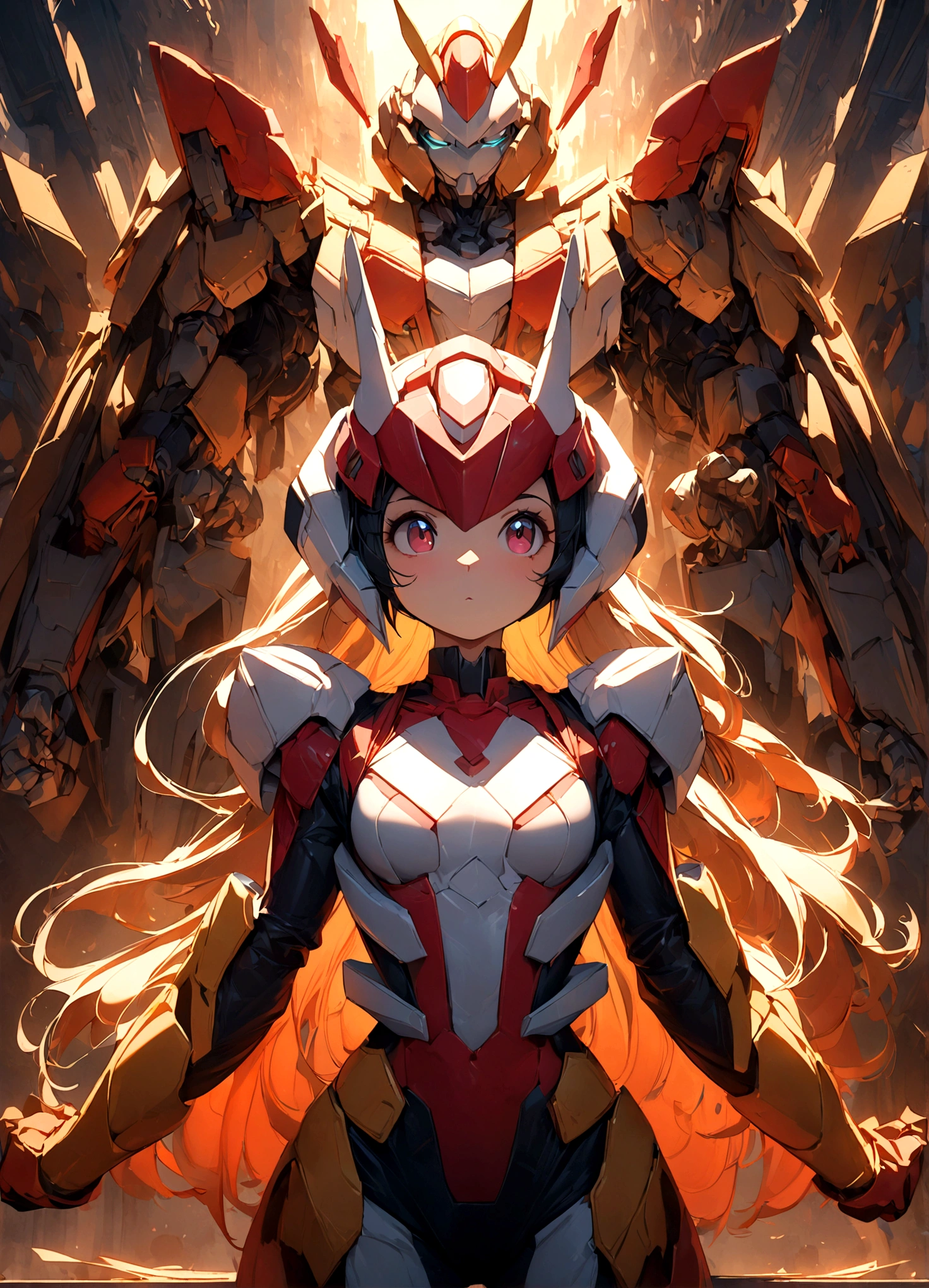 a beautiful, young girl in an anime style transformer outfit, Arcee, posing with her human companion, both striking cute and playful poses, highly detailed, intricate design, warm lighting, vibrant colors, elegant and stylized, award-winning digital art, masterpiece, 8k, best quality