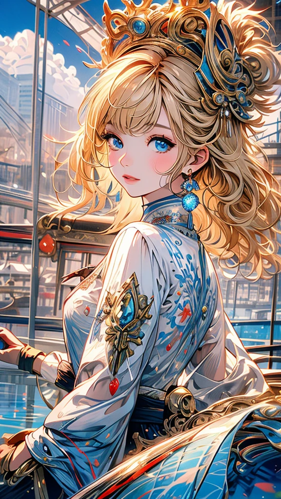 (highres,best quality,masterpiece:1.2),ultra-detailed,realistic:1.37,portraits,impressionism,underwater,irises,air bubbles,1 large-chested girl,fish,long hair,flooding,solo,water,princess,blonde hair blue eyes,short sleeves,blue eyes,fairies,the Legend of Zelda,jewelry,8K,CG,detailed hand,kingdom city background,ancient machinery,crown,lighting effects