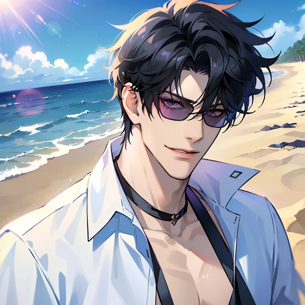 (masterpiece, 4k, high quality:1.3), 1boy, solo, short hair, black hair, asymmetrical fringe, purple eyes, handsome, sharp eyes, (mature male, mature:1.2), male focus, fashionable, open shirt, necklace, smile, close up, beach, sand, boats in the background, sunshine, ((sunglasses)), windy