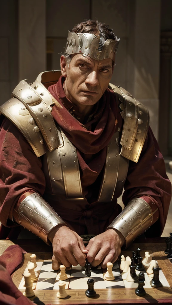 arafed man in armor playing a game of chess, julius caesar, wearing gilded red robes, roman emperor, magneto, inspired by Pogus Caesar, maximus jacobs, inspired by Caesar van Everdingen, portrait shot, caesar, high quality image, christopher lloyd as belial, bryan cranston as thor, arsen lupin as a paladin