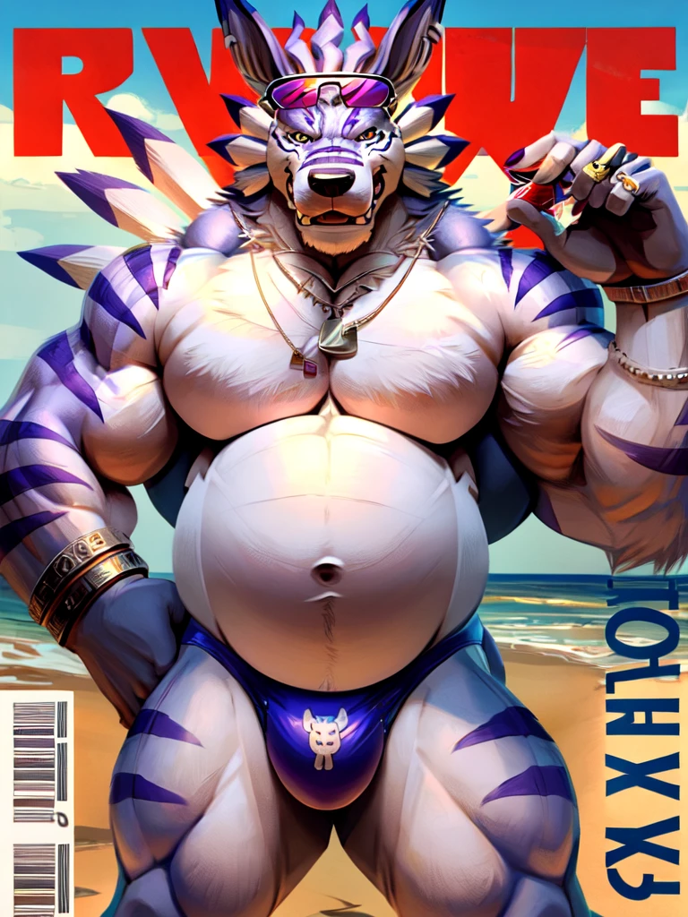 solo, weregarurumon, muscular, muscle gut, round belly, belly the size of a blimp, sunglasses on head, dog tag necklace, silver bracelet, shirtless, speedo, holding soda, posed, puffing out chest, beach, magazine cover