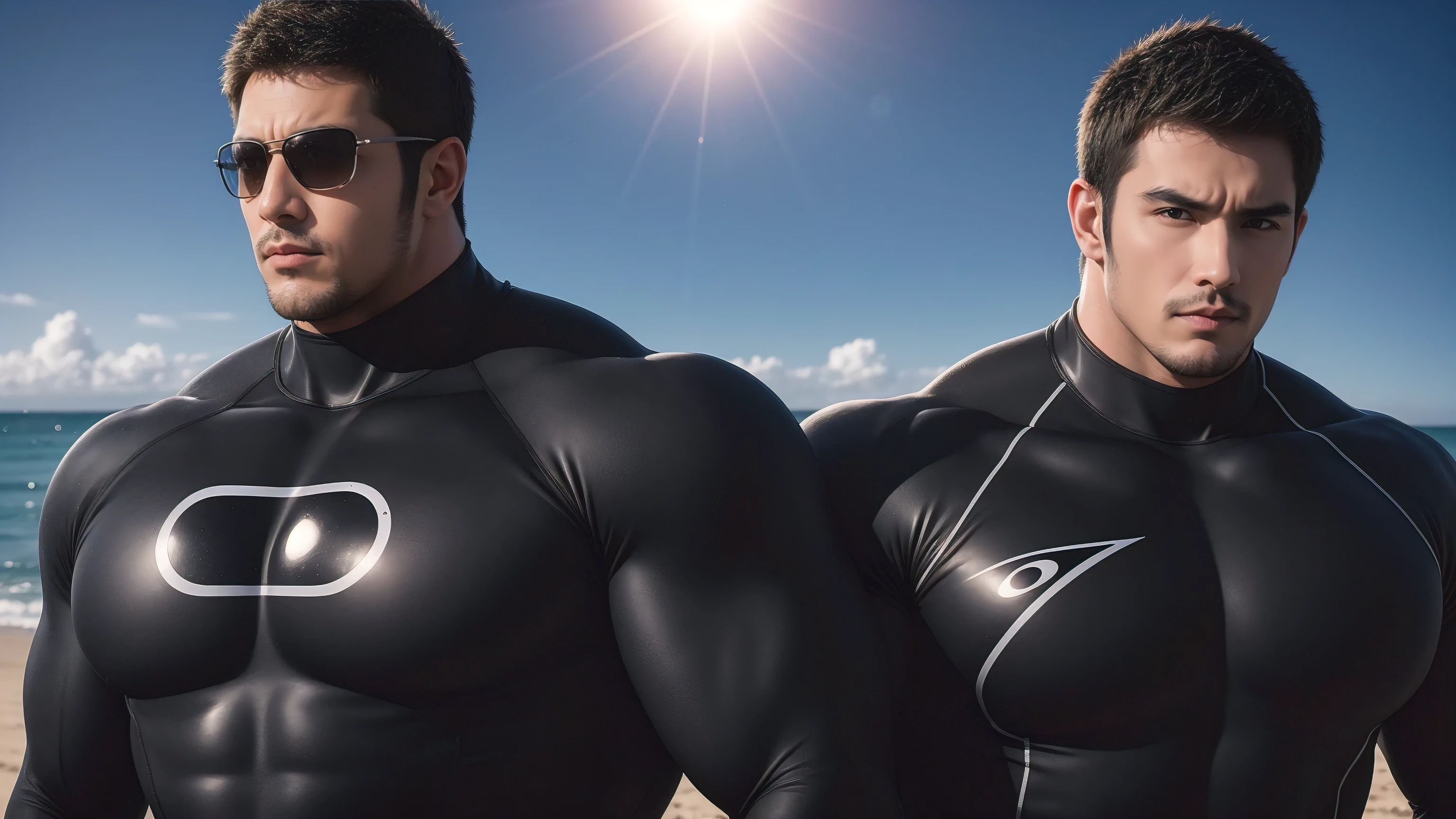 Super muscular man hugging, They wear sunglasses,Deep gaze kiss,They embrace affectionately,short hair,Beach under the scorching sun, Wear a light grey high collar, long sleeves and tight fitting wetsuit, Shark skin texture,Beach by the sea,beautiful landscape,The expression is arrogant, Thick thighs, messy hair, Thick thighs, Wear a light grey high collar, long sleeves and tight fitting wetsuit, very tight, Regular symmetrical pattern, Highlight muscles, character concept(Resident Evil - chris redfield, chris redfield)A proud expression, Deep and charming eyes, Valiant male pose, tall Burly, muscular!muscular thighs, Tough Guy, Perfect facial features, High, Burly, Heqiang, Super exquisite and cool, High Resolution Committee, Attractive, The sun is blazing, Dazzling