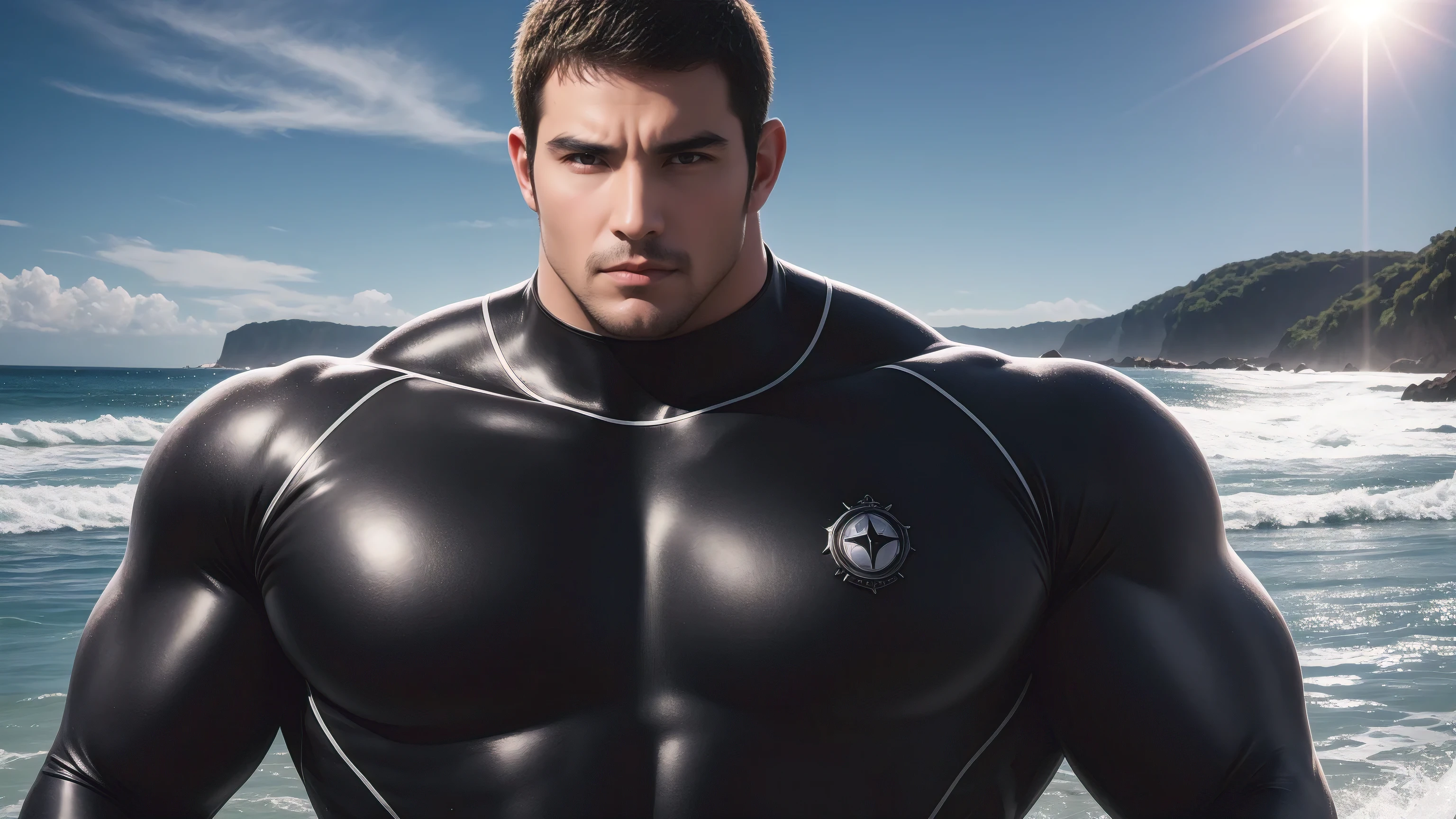 Super muscular man hugging,  They wear sunglasses，Deep gaze kiss，They embrace affectionately，short hair，Beach under the scorching sun, Wear a light grey high collar, long sleeves and tight fitting wetsuit, Shark skin texture，Beach by the sea，beautiful landscape，The expression is arrogant, Thick thighs, messy hair, Thick thighs, Wear a light grey high collar, long sleeves and tight fitting wetsuit, very tight, Regular symmetrical pattern, Highlight muscles, character concept（Resident Evil - chris redfield, chris redfield）A proud expression, Deep and charming eyes, Valiant male pose, tall Burly, muscular！muscular thighs, Tough Guy, Perfect facial features, High, Burly, Heqiang, Super exquisite and cool, High Resolution Committee, Attractive, The sun is blazing, Dazzling