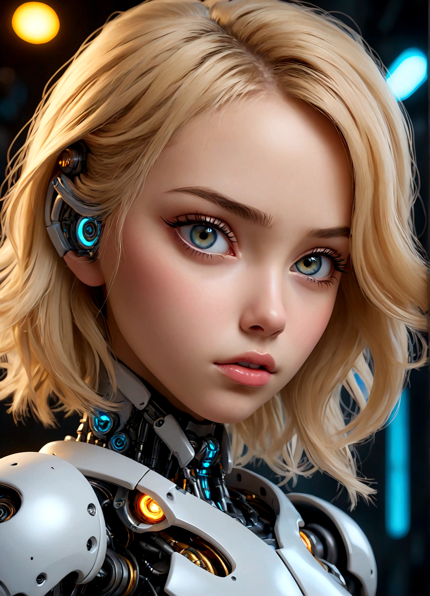 1girl, blonde hair, beautiful detailed eyes, beautiful detailed lips, extremely detailed face, long eyelashes, robot transformer, cyborg, mecha, mechanical body, futuristic, cyberpunk, dynamic pose, cute, adorable, striking a playful pose, vibrant colors, sci-fi, 8k, highres, photorealistic, detailed, studio lighting, cinematic lighting, masterpiece